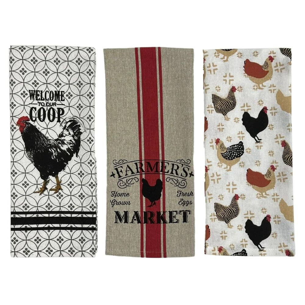 Serafina Home 3 Country Rooster Kitchen Dish Towels Farmhouse Chicken Coop Gift